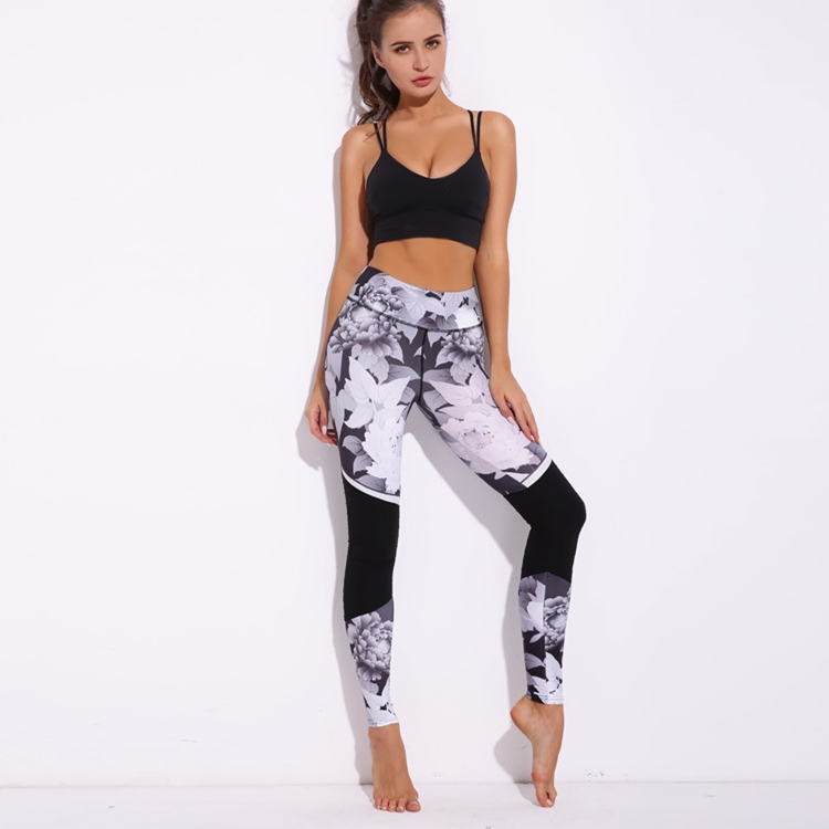 Black-white-flower-printed-stitching-yoga-pants
