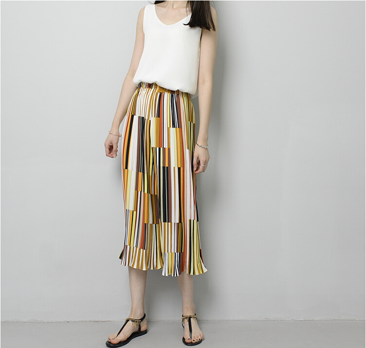 Color-stripe-ruffle-chiffon-wide-legged-pants-wholesale