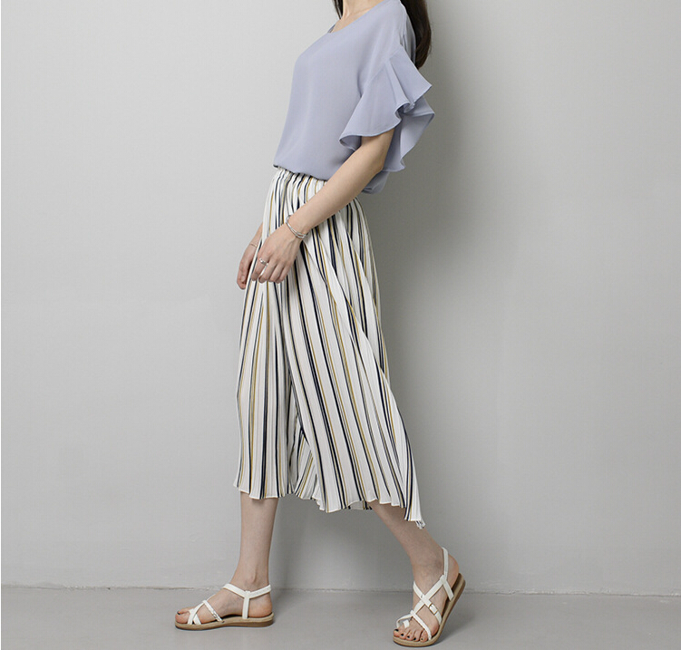 Color-stripe-ruffle-chiffon-wide-legged-pants-wholesale