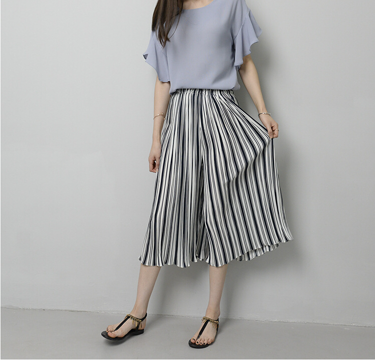 Color-stripe-ruffle-chiffon-wide-legged-pants-wholesale