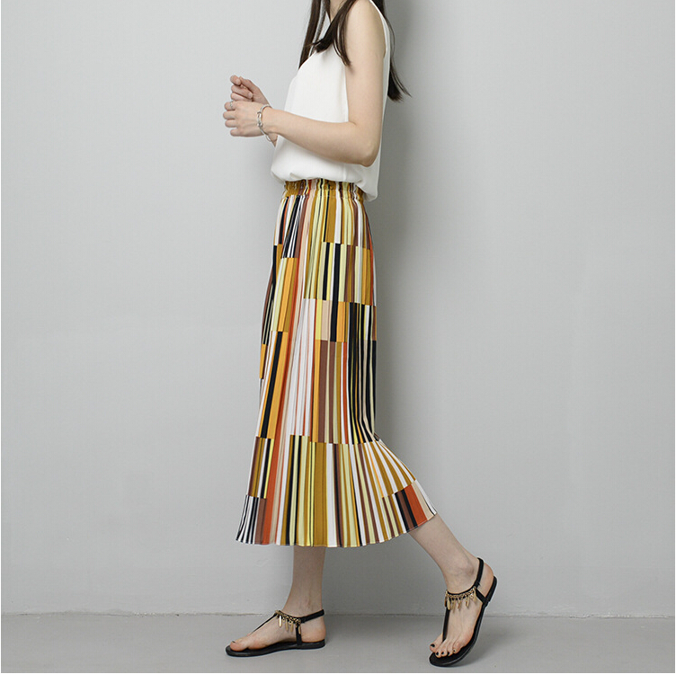 Color-stripe-ruffle-chiffon-wide-legged-pants-wholesale