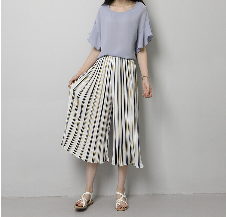 Color-stripe-ruffle-chiffon-wide-legged-pants-wholesale