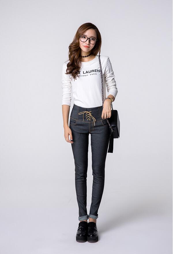 Female-before-draw-string-imitation-cowboy-tall-waist-pencil-pants-wholesale