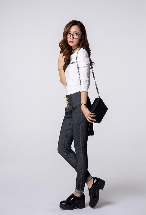 Female-before-draw-string-imitation-cowboy-tall-waist-pencil-pants-wholesale