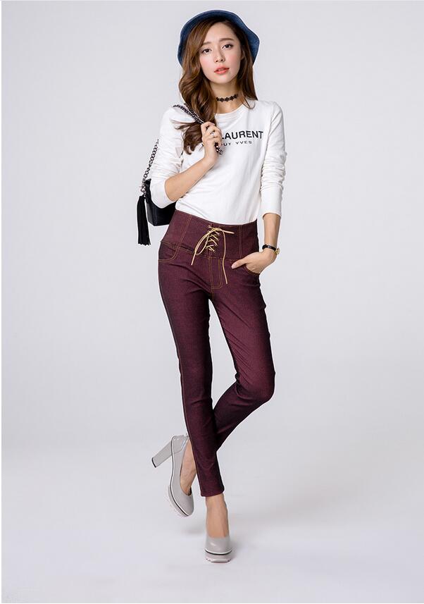 Female-before-draw-string-imitation-cowboy-tall-waist-pencil-pants-wholesale