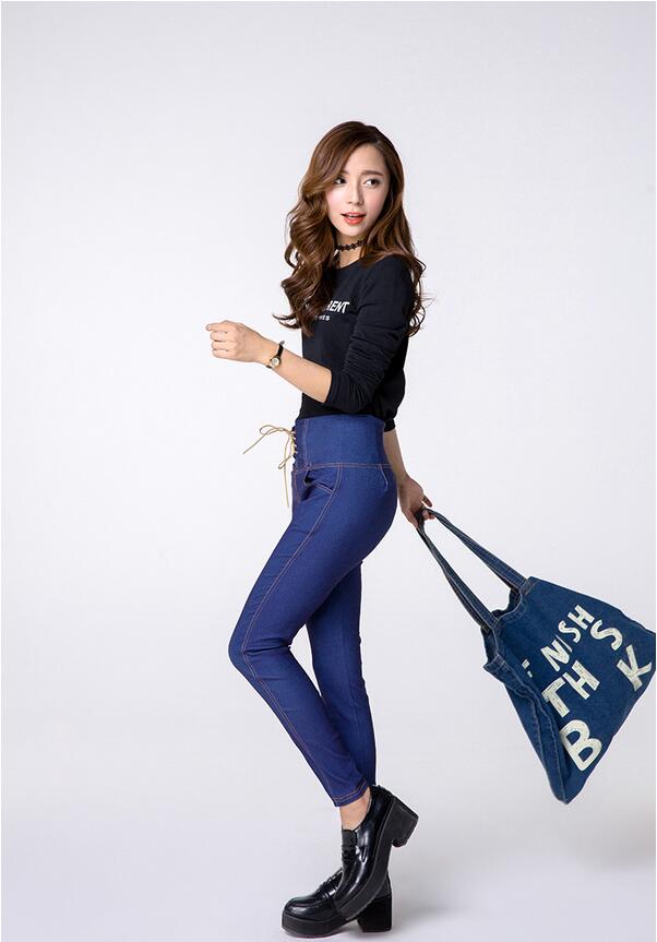 Female-before-draw-string-imitation-cowboy-tall-waist-pencil-pants-wholesale