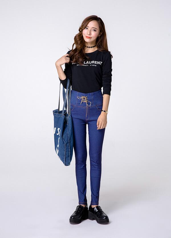 Female-before-draw-string-imitation-cowboy-tall-waist-pencil-pants-wholesale