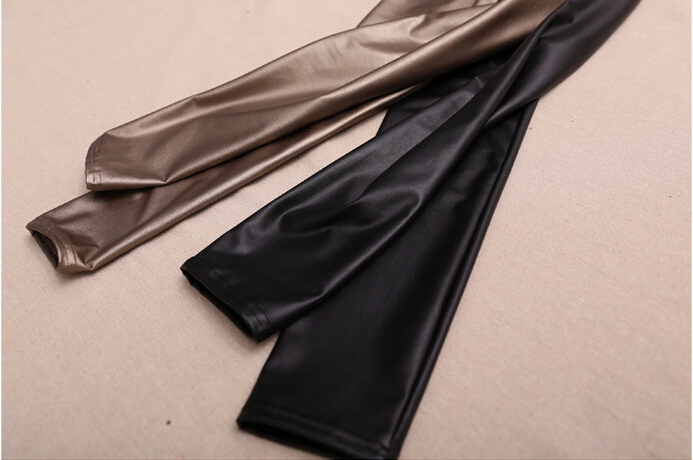 Female-elastic-waist-copy-PU-leather-dumb-light-bright-color-leggings-wholesale