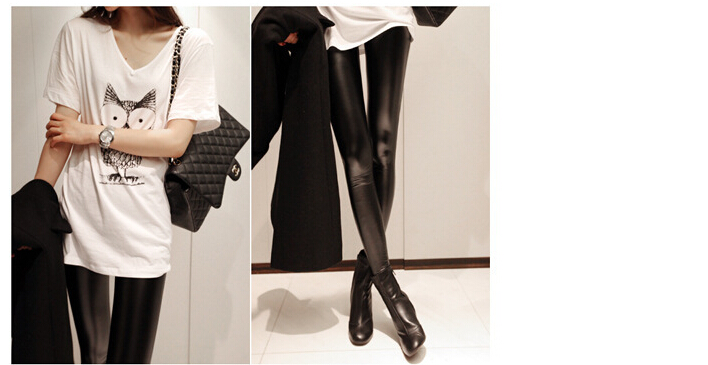 Female-elastic-waist-copy-PU-leather-dumb-light-bright-color-leggings-wholesale
