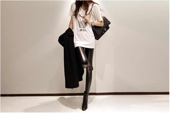 Female-elastic-waist-copy-PU-leather-dumb-light-bright-color-leggings-wholesale