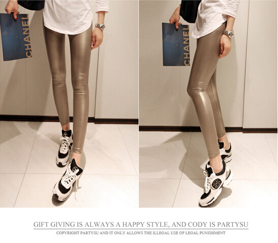 Female-elastic-waist-copy-PU-leather-dumb-light-bright-color-leggings-wholesale