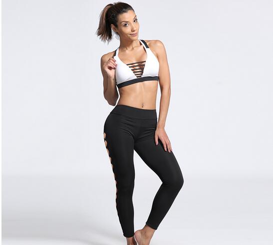 Gauze-splicing-black-color-exercise-nine-point-yoga-leggings-wholesale