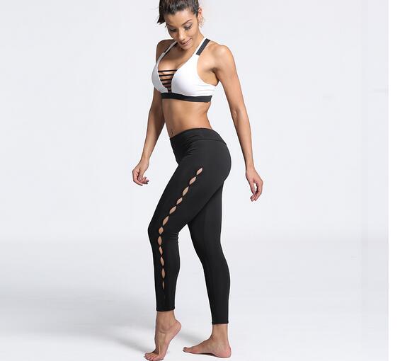 Gauze-splicing-black-color-exercise-nine-point-yoga-leggings-wholesale