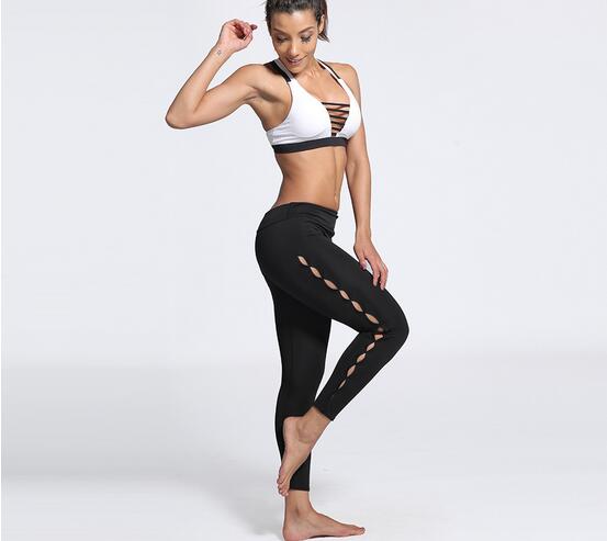 Gauze-splicing-black-color-exercise-nine-point-yoga-leggings-wholesale