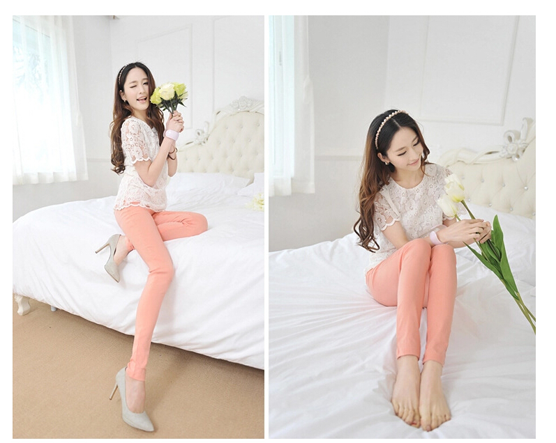 Nine-points-tall-waist-candy-color-elastic-woven-pants-wholesale