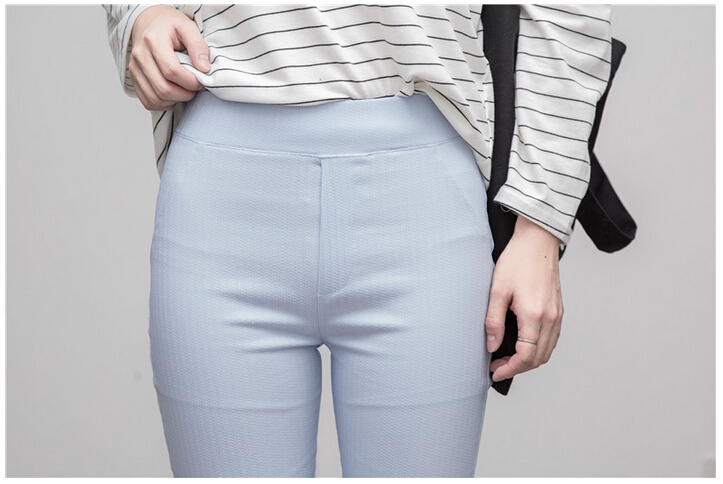 Wholesale-women-show-thin-color-stripe-woven-elastic-nine-points-leggings